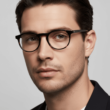 la vista lateral de un hombre de cara ovalada grande usando armazones marcos opticos con receta y antireflejo Bonoboss en acetato sustentable biodegradable de forma redonda y #color_carey