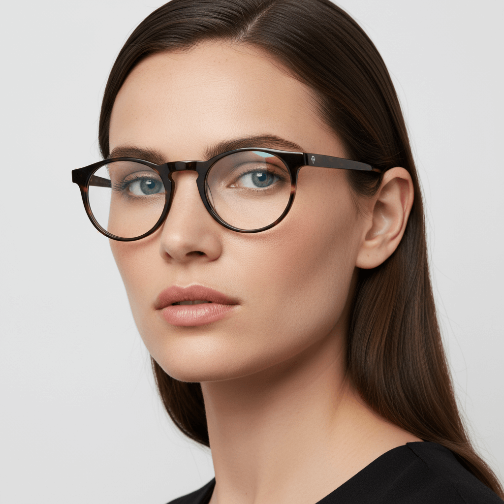 la vista lateral de una mujer de cara redonda usando armazones marcos opticos con receta y antireflejo Bonoboss en acetato sustentable biodegradable de forma redonda y #color_carey