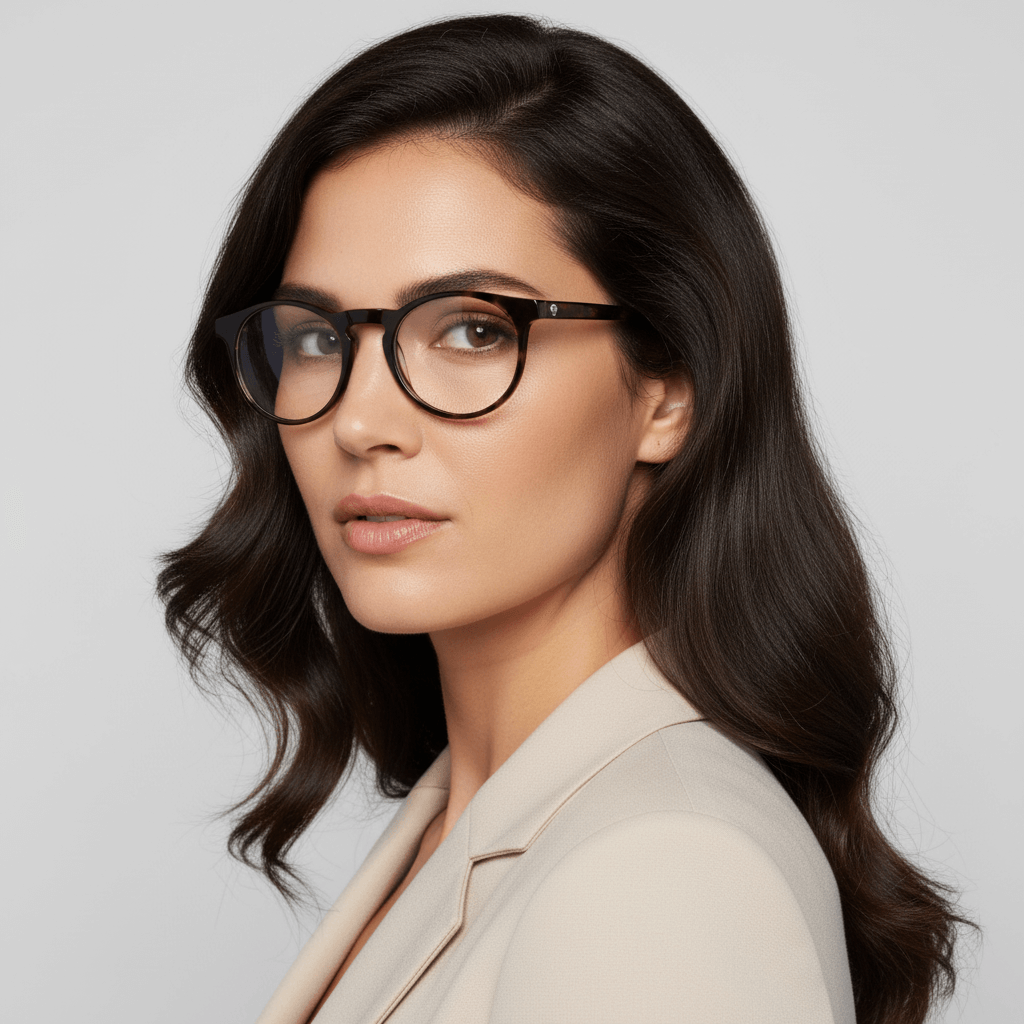 la vista lateral de una mujer de cara ovalada y pelo ondulado usando armazones marcos opticos con receta y antireflejo Bonoboss en acetato sustentable biodegradable de forma redonda y #color_carey