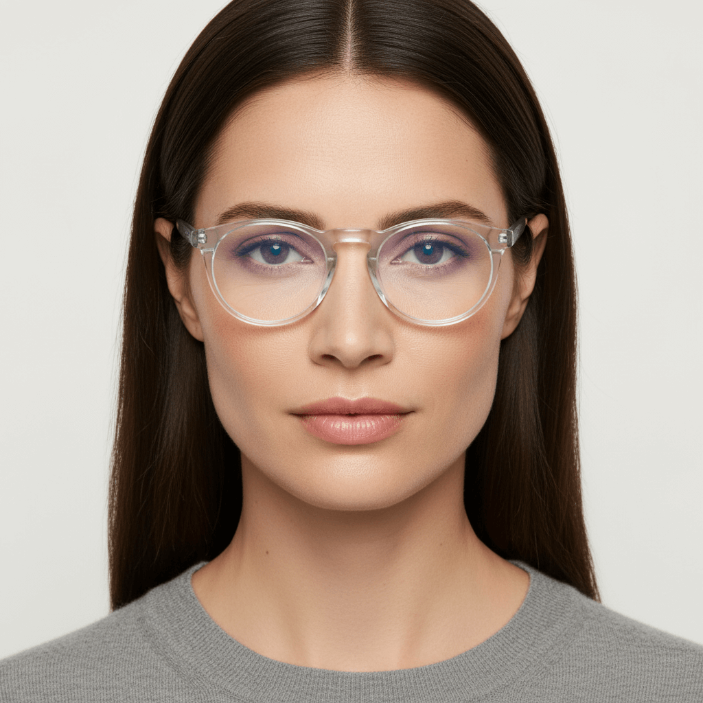 una mujer de cara ovalada redonda grande y pelo liso suelto usando armazones marcos opticos con receta y antireflejo Bonoboss en acetato sustentable biodegradable de forma redonda y #color_transparente