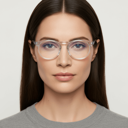 una mujer de cara ovalada redonda grande y pelo liso suelto usando armazones marcos opticos con receta y antireflejo Bonoboss en acetato sustentable biodegradable de forma redonda y #color_transparente