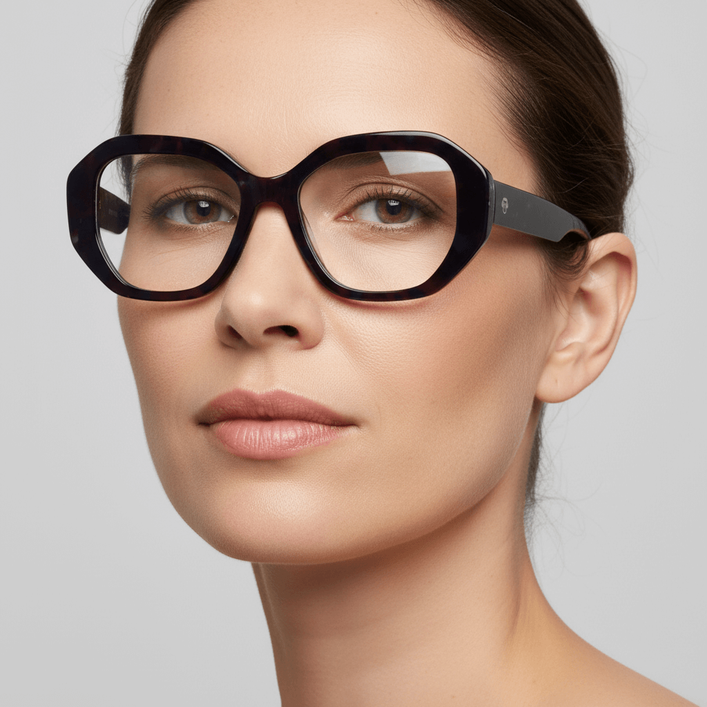 la vista lateral de una mujer de pelo castaño usando unos anteojos marcos opticos sustentables de acetato reciclado Bonoboss de color morado  #color_space