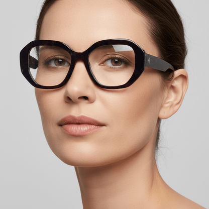 la vista lateral de una mujer de pelo castaño usando unos anteojos marcos opticos sustentables de acetato reciclado Bonoboss de color morado  #color_space