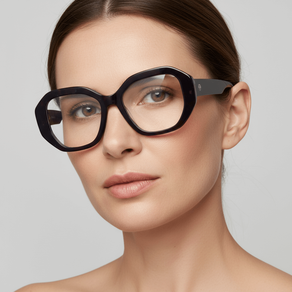 la vista lateral de una mujer de pelo castaño usando unos anteojos marcos opticos sustentables de acetato reciclado Bonoboss de color morado con receta  #color_space