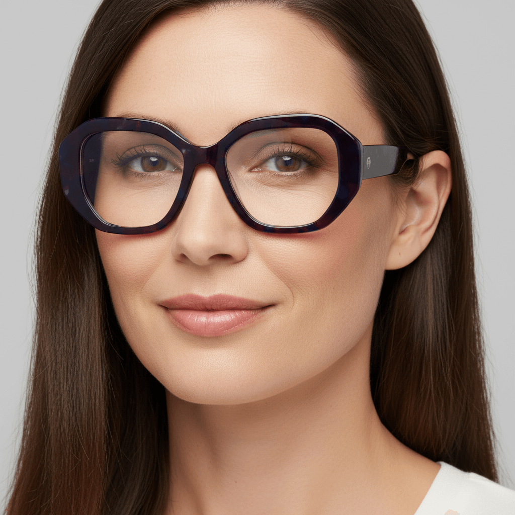 la vista frontal de una mujer de pelo castaño con el pelo liso suelto usando unos anteojos marcos opticos sustentables de acetato reciclado Bonoboss de color morado  #color_space