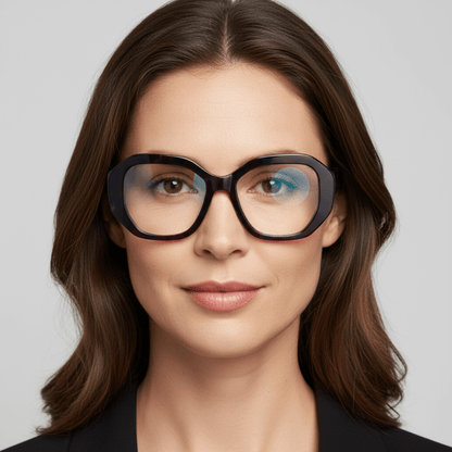 la vista frontal de una mujer de pelo castaño con el pelo ondulado suelto usando unos anteojos marcos opticos sustentables de acetato reciclado Bonoboss de color morado  #color_space