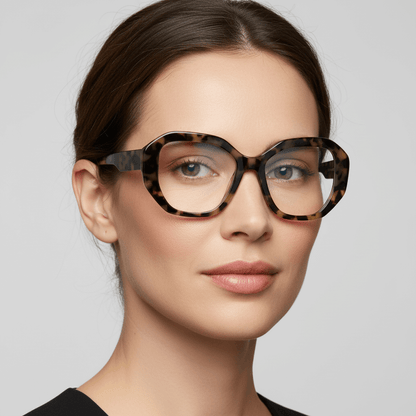 la vista lateral de una mujer de pelo castaño con el pelo liso tomado usando unos anteojos marcos opticos sustentables de acetato reciclado Bonoboss de color atigrado #color_carey