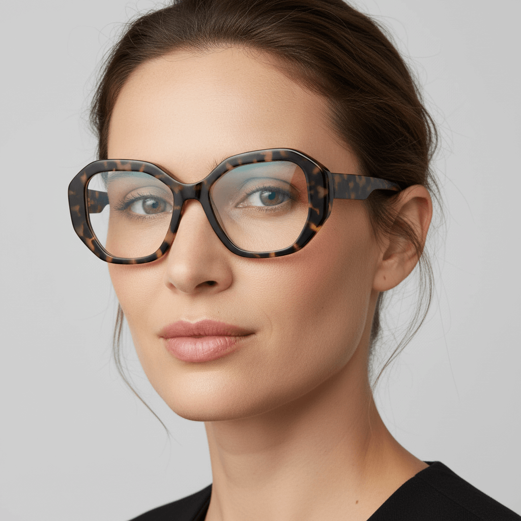 la vista lateral izquierda de una mujer de pelo castaño con el pelo liso tomado usando unos anteojos marcos opticos sustentables de acetato reciclado Bonoboss de color atigrado #color_carey