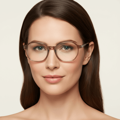 la vista frontal de una mujer de cara redonda usando anteojos marcos armazones opticos de marca Bonoboss de color peach de acetato biodegradable sustentable con patas de acero inoxidable #color_blonde-crystal