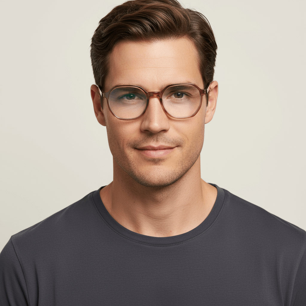 la vista frontal de un hombre de cara rectangular usando anteojos marcos armazones opticos de marca Bonoboss de color peach de acetato biodegradable sustentable con patas de acero inoxidable #color_blonde-crystal