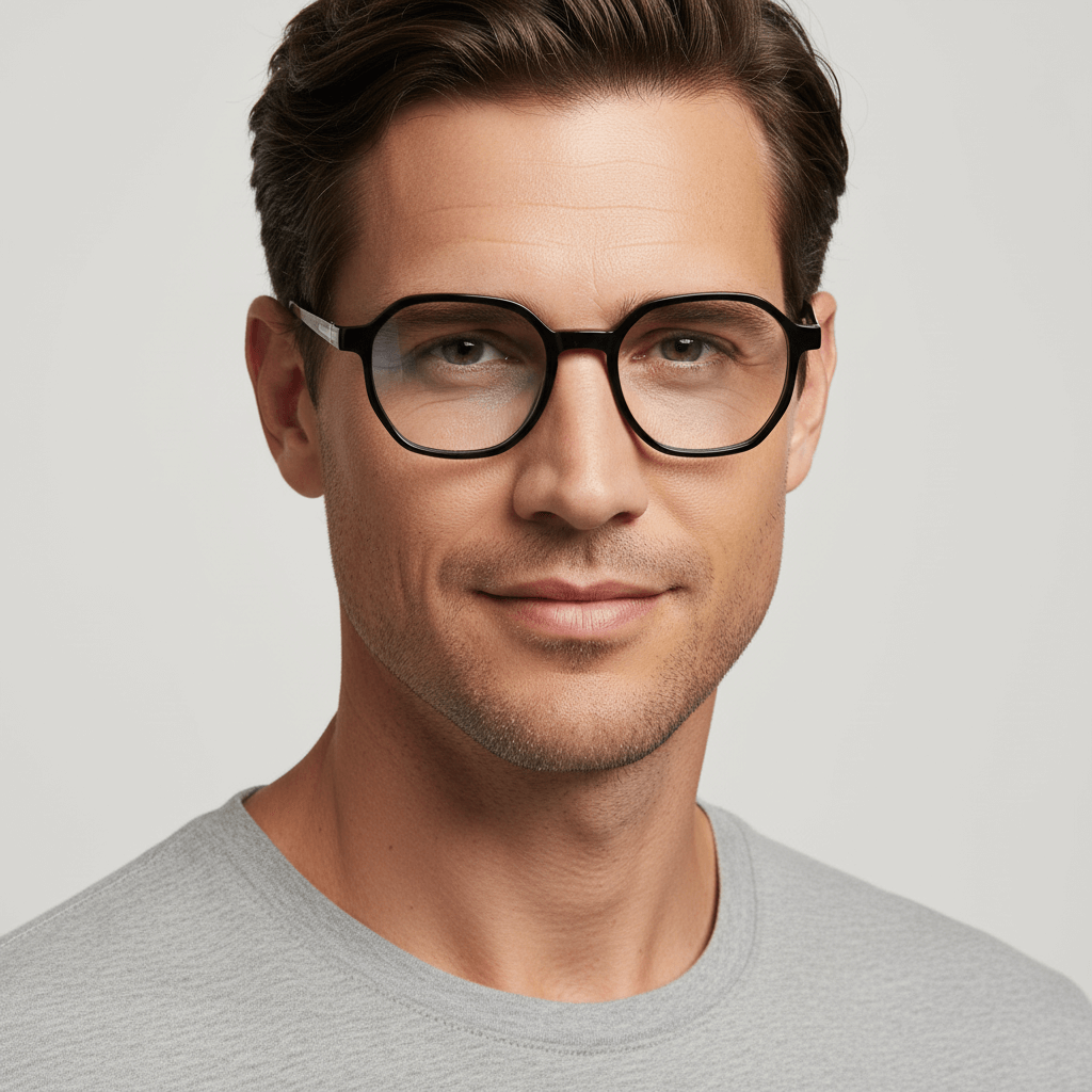 la vista lateral de un hombre de cara ovalada usando anteojos marcos armazones opticos de marca Bonoboss de color negro geometricos de acetato biodegradable sustentable con patas de acero inoxidable #color_negro