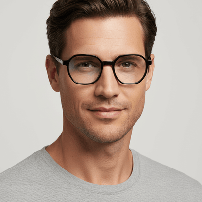 la vista lateral de un hombre de cara ovalada usando anteojos marcos armazones opticos de marca Bonoboss de color negro geometricos de acetato biodegradable sustentable con patas de acero inoxidable #color_negro