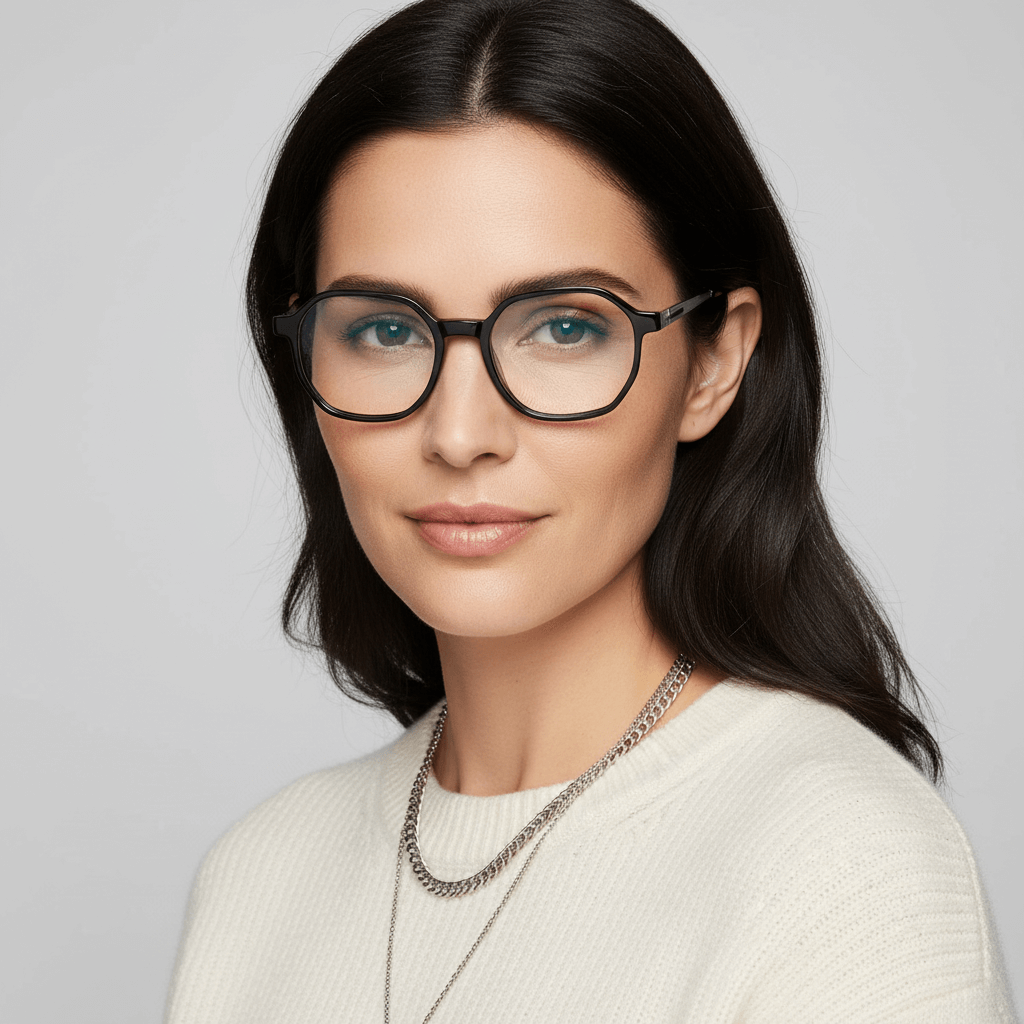 la vista lateral de una mujer de cara ovalada usando anteojos marcos armazones opticos de marca Bonoboss de color negro de acetato biodegradable sustentable con patas de acero inoxidable #color_negro