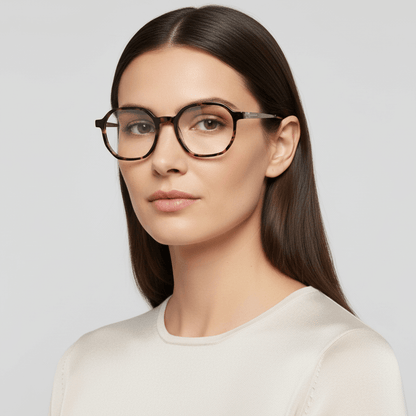 la vista lateral de una mujer de cara ovalada usando anteojos marcos armazones opticos de marca Bonoboss de color carey de acetato biodegradable sustentable con patas de acero inoxidable #color_carey