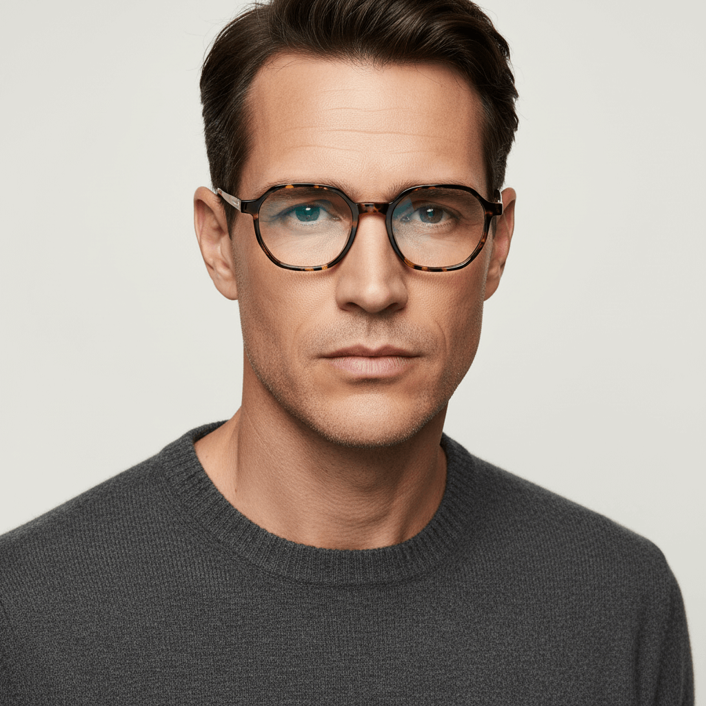 la vista frontal de un hombre de cara ovalada usando anteojos marcos armazones opticos de marca Bonoboss de color carey de acetato biodegradable sustentable con patas de acero inoxidable #color_carey