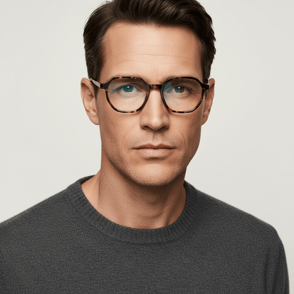 la vista frontal de un hombre de cara ovalada usando anteojos marcos armazones opticos de marca Bonoboss de color carey de acetato biodegradable sustentable con patas de acero inoxidable #color_carey