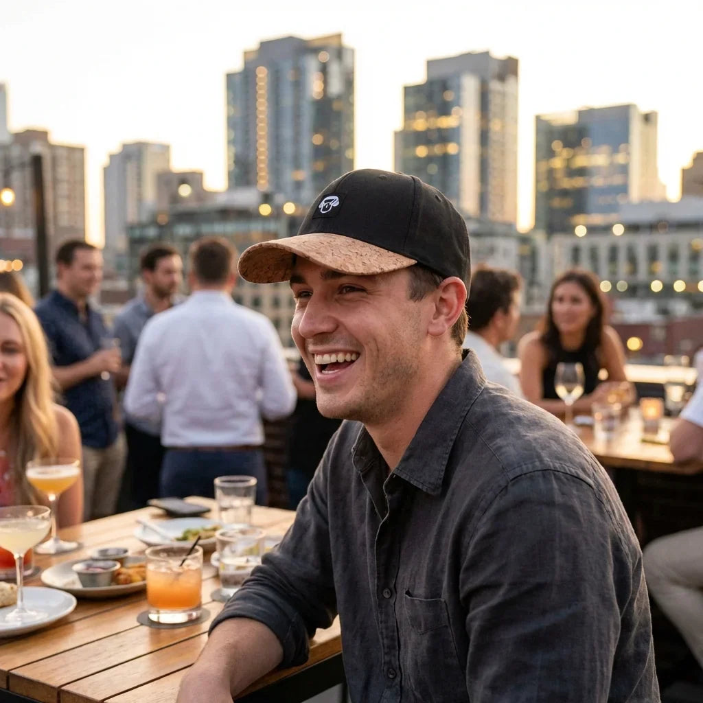 Gorro de corcho ecológico en rooftop bar social Bonoboss