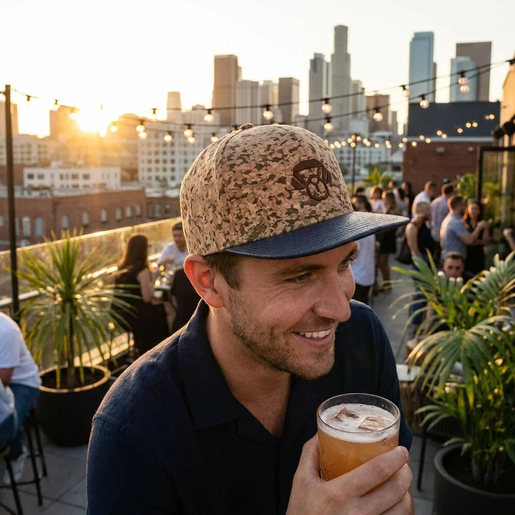 Gorro de corcho ecológico en rooftop bar social Bonoboss