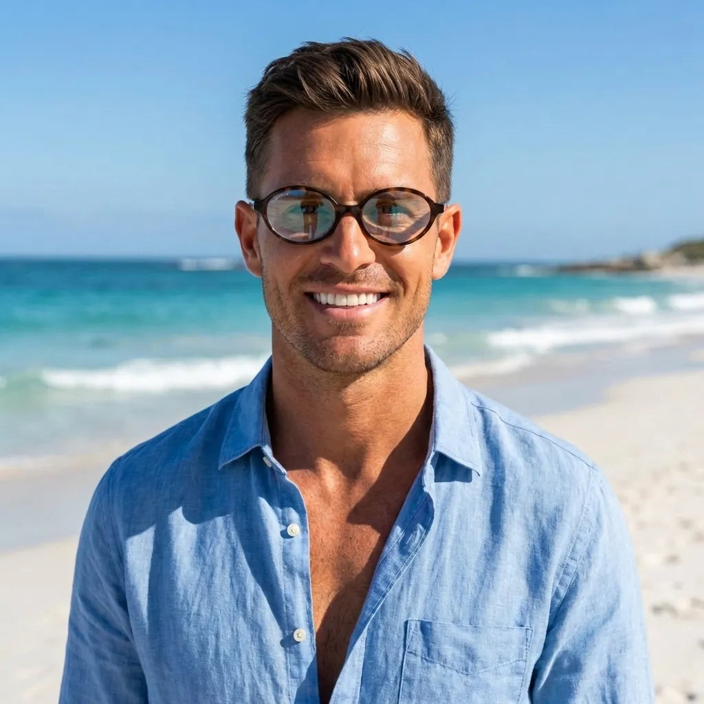 Hombre usando Guapi Island lentes graduados carey tortoise estilo lifestyle #color_carey