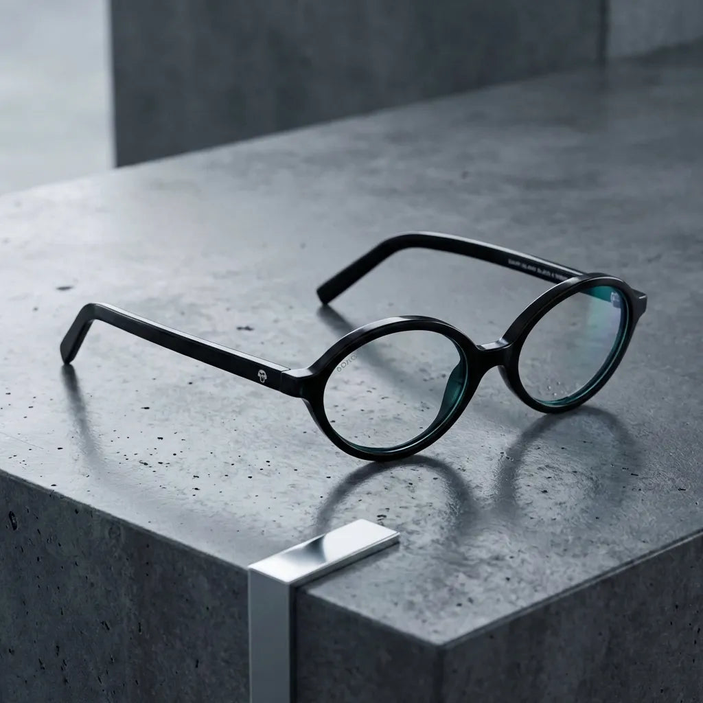 Lentes opticos Guapi Island Negro sobre concreto urbano minimalista antirreflex receta optica bio-acetato Bonoboss #editorial_concreto-urbano #color_negro