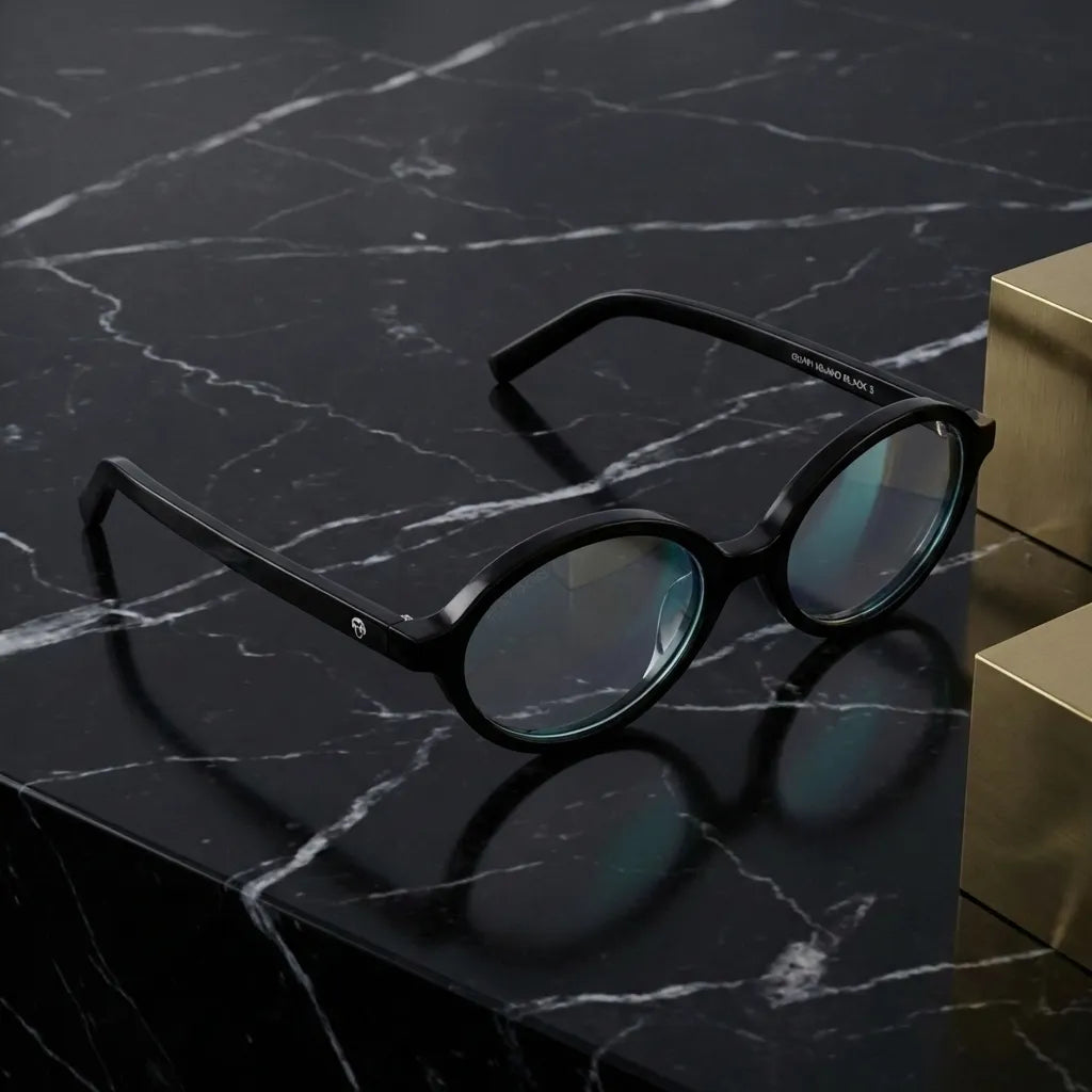Lentes opticos Guapi Island Negro sobre marmol negro elegante antirreflex receta optica bio-acetato Bonoboss #editorial_marmol-negro #color_negro