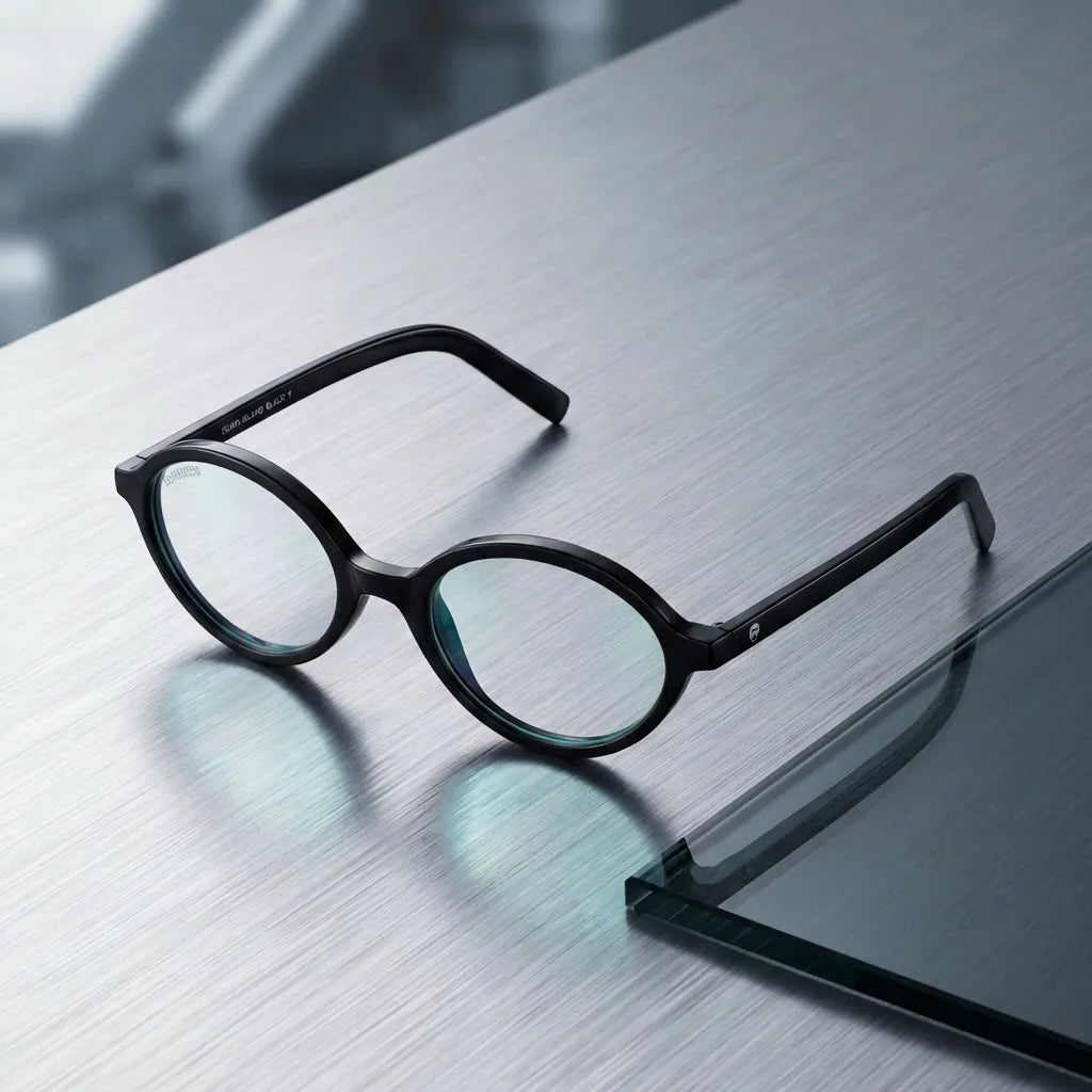 Lentes opticos Guapi Island Negro sobre metal cepillado industrial antirreflex receta optica bio-acetato Bonoboss #editorial_metal-brushed #color_negro