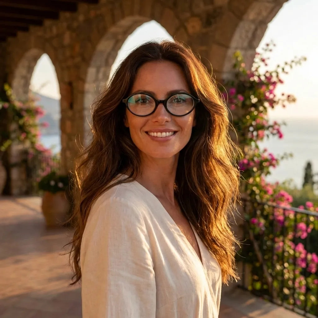 Lentes opticos Guapi Island Negro mujer golden hour atardecer elegancia antirreflex receta optica bio-acetato Bonoboss #editorial_mujer-golden-hour #color_negro