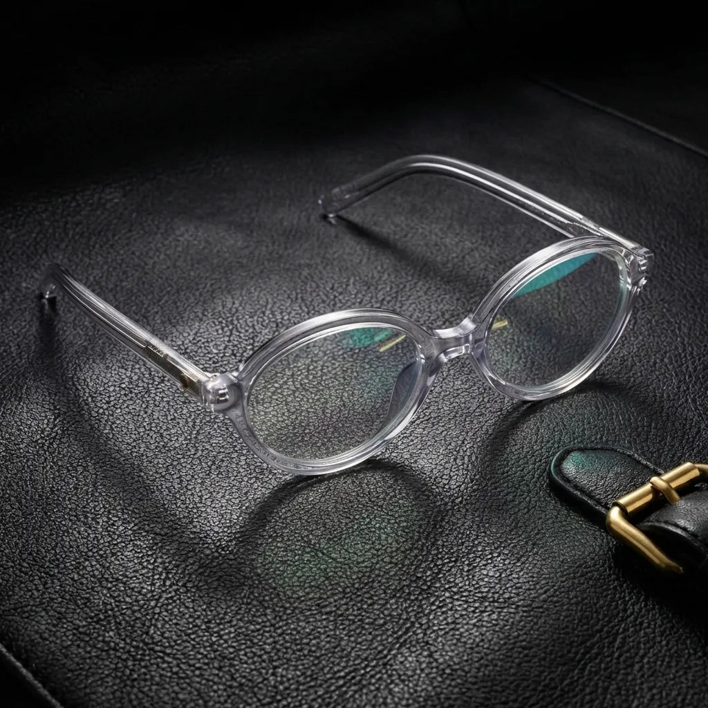 Lentes opticos Guapi Transparente sobre cuero negro con detalle brass dorado antirreflex receta optica bio-acetato Bonoboss #editorial_cuero-brass #color_transparente