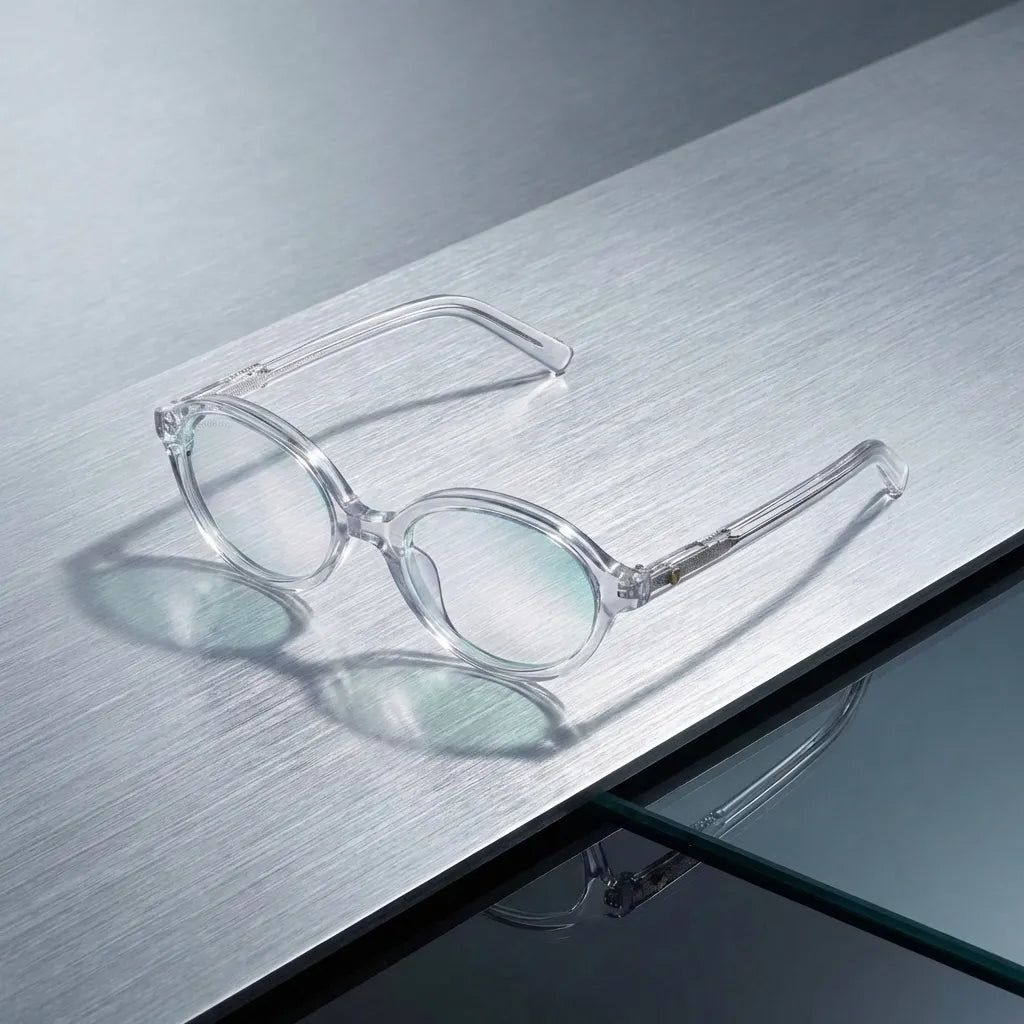 Lentes opticos Guapi Transparente sobre metal cepillado industrial antirreflex receta optica bio-acetato Bonoboss #editorial_metal-brushed #color_transparente