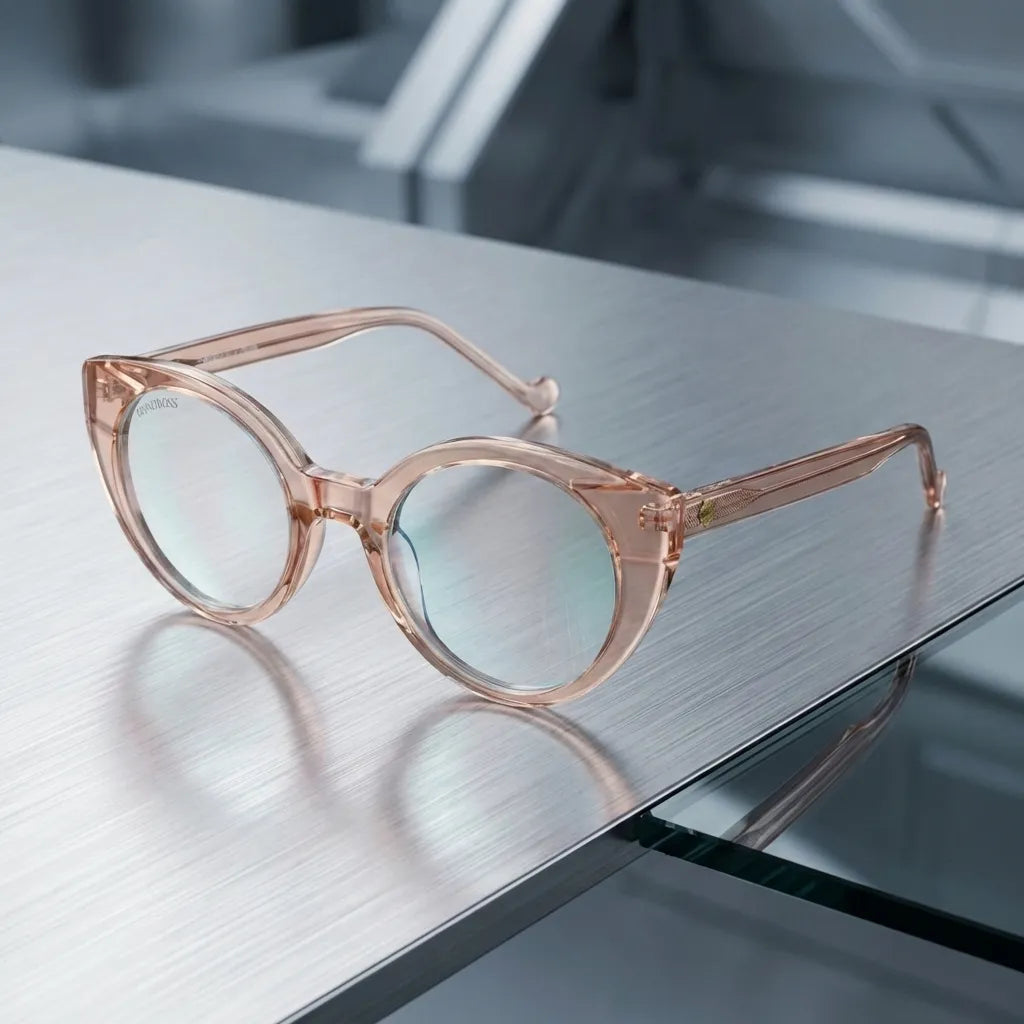 Lentes opticos Hannover Champagne sobre metal cepillado industrial antirreflex receta optica bio-acetato Bonoboss #editorial_metal-brushed #color_champagne