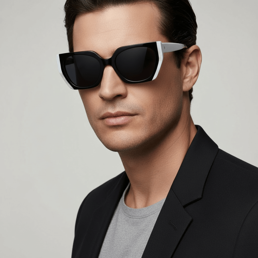 la lateral de un hombre de cara redonda usando gafas anteojos lentes de sol de moda oversized grandes xl de forma rectangular #color_black