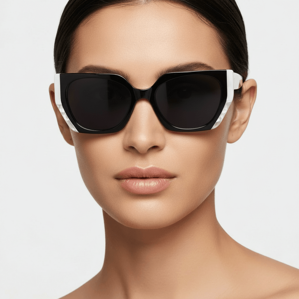 una mujer de cara redonda usando gafas anteojos lentes de sol de moda oversized grandes xl de forma rectangular #color_black