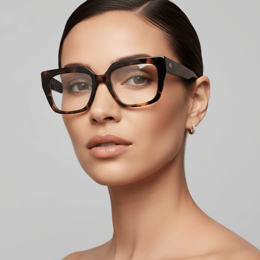 una modelo mujer de cara ovalada ojos cafe y pelo tomado usando un anteojo o marco optico Bonoboss en acetato sustentable armazones opticos con receta de forma cuadrada rectangular de moda de tamaño grande y de color carey jaspeado #color_carey