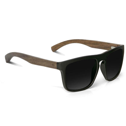 anteojos de sol rectangulares polarizados negros pata de madera  para hombre y mujer con lentes de color negro #color_nogal