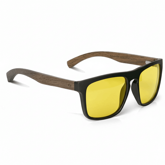 anteojos de sol rectangulares polarizados negros pata de madera natural d nogal en una vista frontal con lentes de amarillo para migraña o vision nocturna para manejar de noche #color_amarillo