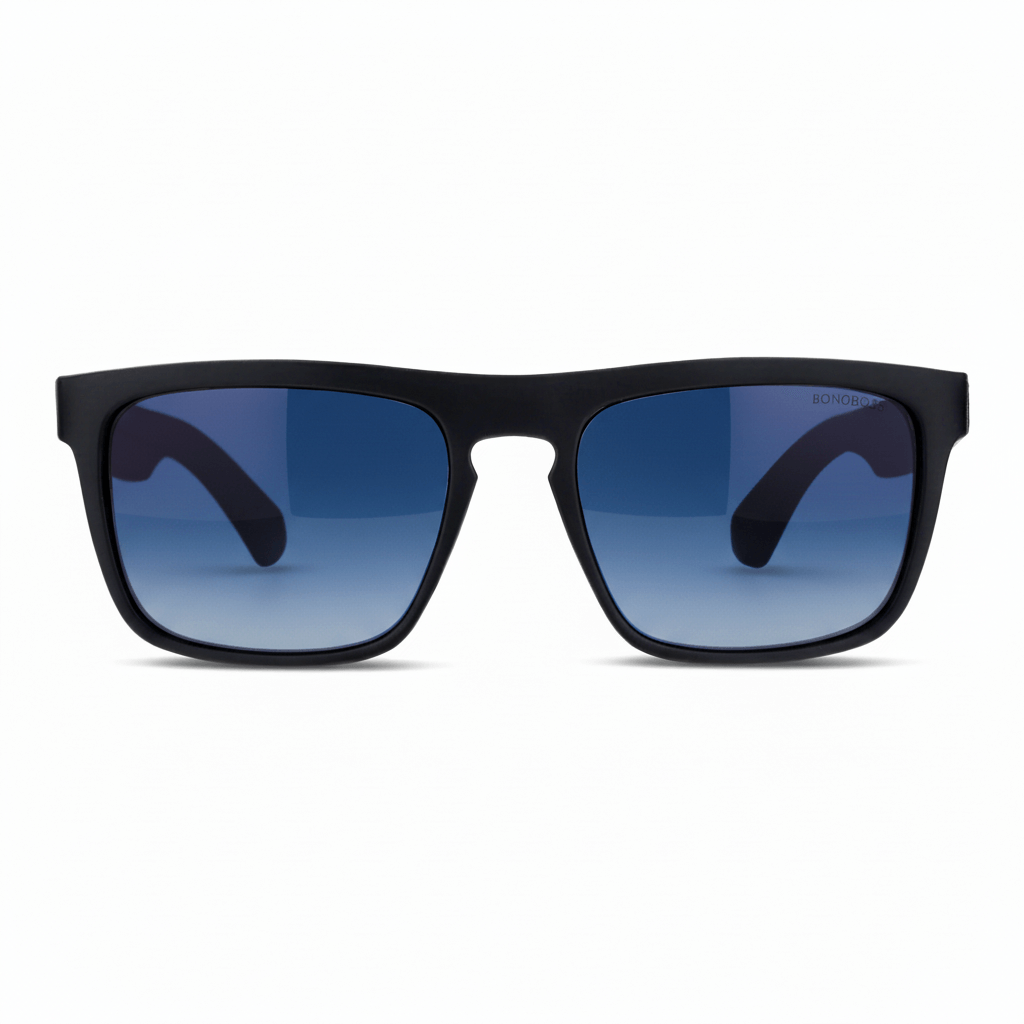 anteojos de sol rectangulares polarizados negros pata de madera natural d nogal en una vista frontal con lentes de color degrade azul para migraña #color_degrade-azul