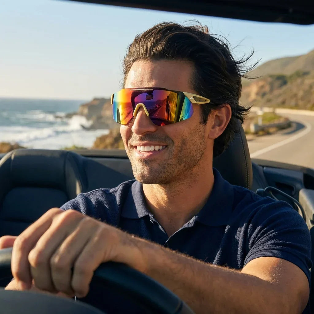 Hombre usando lentes sol Snake bio-acetato polarizados yellow conduciendo costa reduce fatiga ocular Bonoboss #editorial_banner #color_yellow