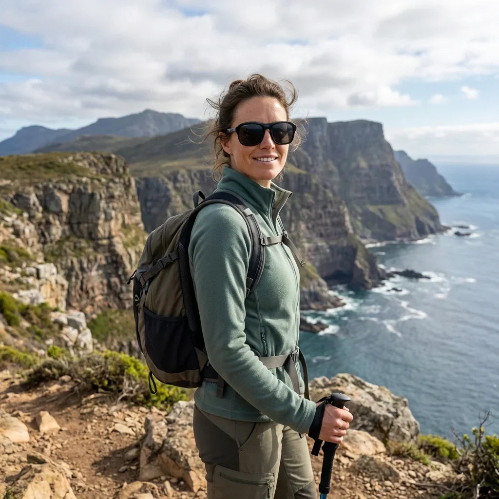 Mujer usando lentes sol Tom Sol bio-acetato polarizados aviator negro aventura outdoor sendero naturaleza Bonoboss #editorial_sustentabilidad #color_negro
