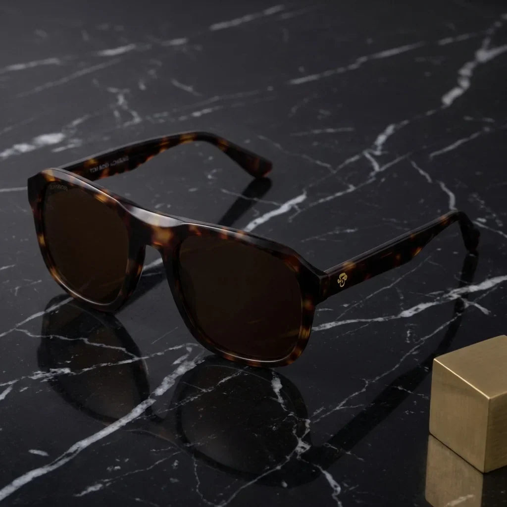 Lentes sol Tom Sol polarizados UV400 bio-acetato aviator carey sobre marmol negro superficie premium elegante Bonoboss #editorial_grid1 #color_carey