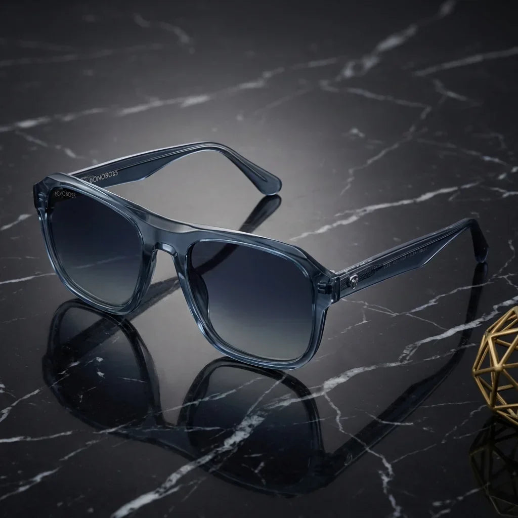 Lentes sol Tom Sol polarizados UV400 bio-acetato aviator azul sobre marmol negro detalle superficie premium Bonoboss #editorial_grid1 #color_azul