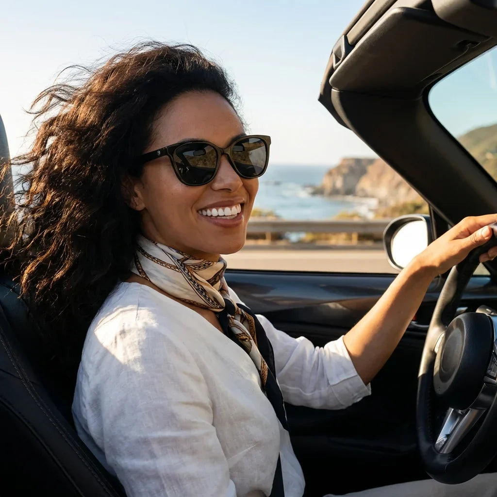 Mujer usando lentes sol Tiare bio-acetato polarizados negro conduciendo reduce fatiga ocular carretera Bonoboss #editorial_detail1 #color_negro