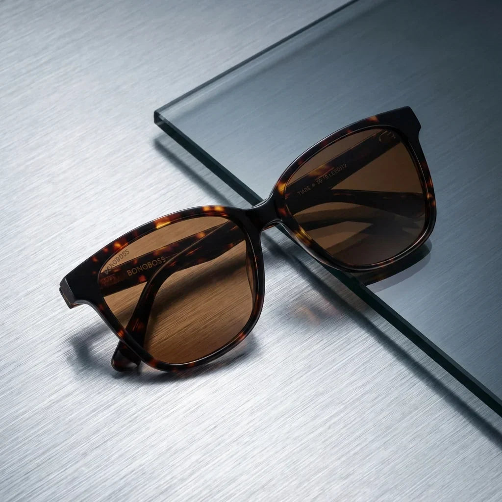 Lentes sol Tiare polarizados UV400 bio-acetato cat eye carey sobre metal cepillado contraste premium Bonoboss #editorial_grid1 #color_carey