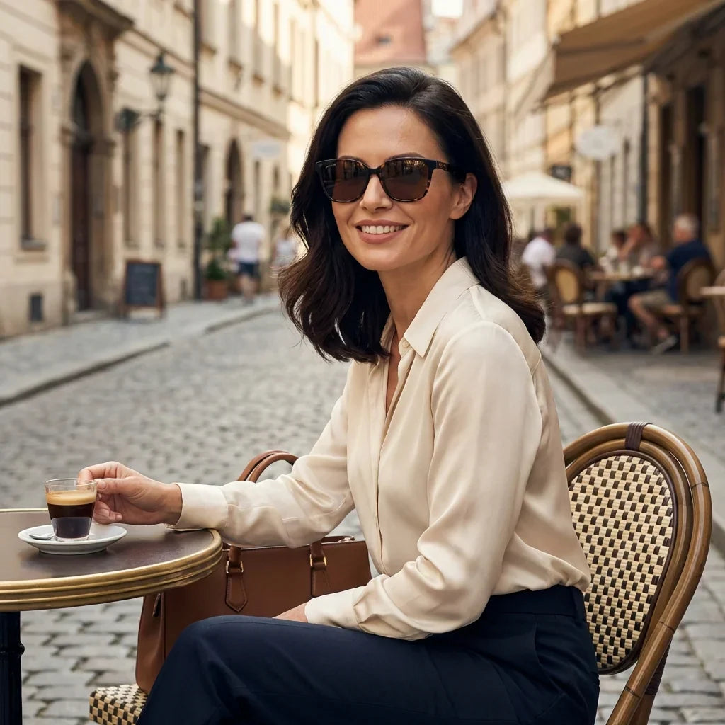Mujer usando lentes sol Tiare bio-acetato polarizados carey paseo urbano ciudad estilo femenino Bonoboss #editorial_detail2 #color_carey