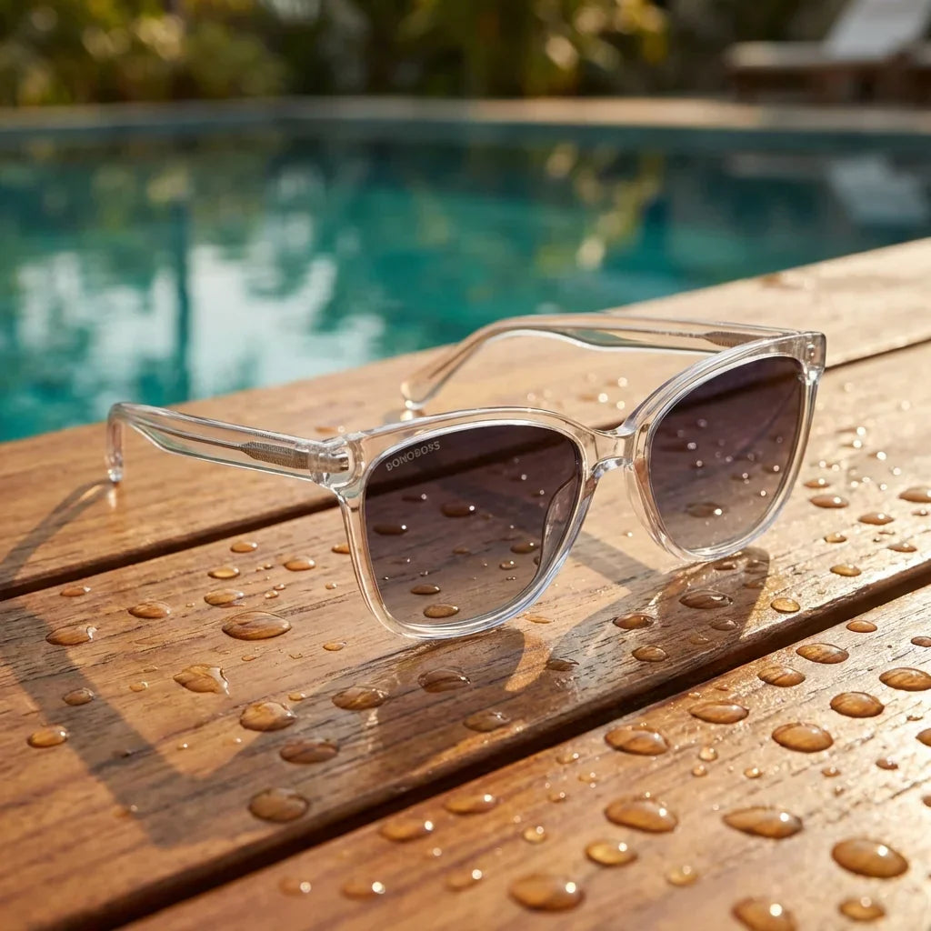 Lentes sol Tiare polarizados UV400 bio-acetato cat eye transparente sobre teca con agua fresca Bonoboss #editorial_grid1 #color_transparente