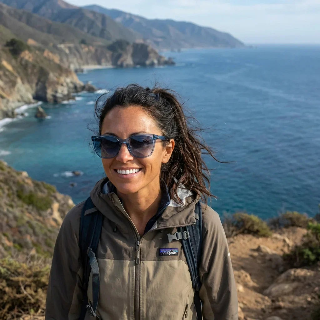 Mujer usando lentes sol Tiare bio-acetato polarizados azul aventura outdoor sendero montaña proteccion Bonoboss #editorial_sustentabilidad #color_azul