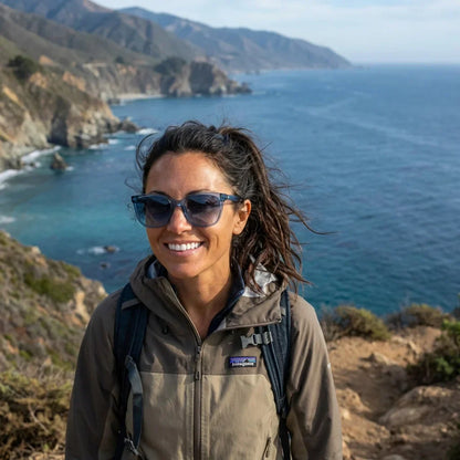 Mujer usando lentes sol Tiare bio-acetato polarizados azul aventura outdoor sendero montaña proteccion Bonoboss #editorial_sustentabilidad #color_azul