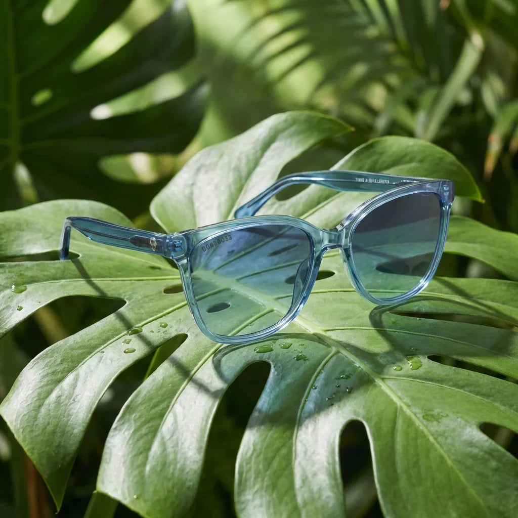 Lentes sol Tiare polarizados bio-acetato cat eye azul entre hojas tropicales botanico frescura verde Bonoboss #editorial_grid2 #color_azul