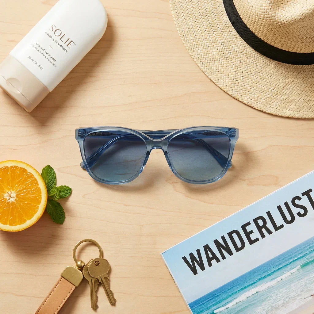 Lentes sol Tiare polarizados bio-acetato azul composicion summer essentials ideal playa y costa Bonoboss #editorial_detail1 #color_azul