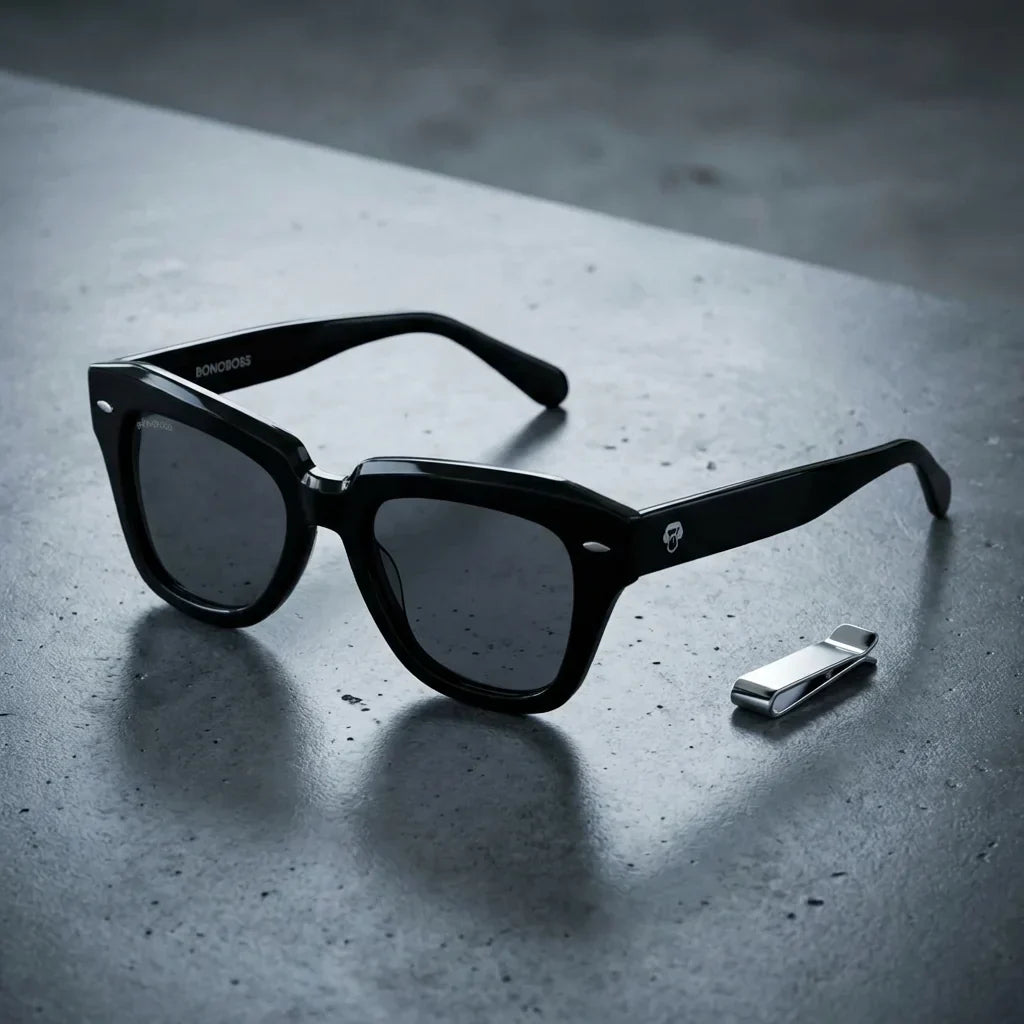 Packshot frontal Selkie Vintage lentes polarizados hombre color negro #color_negro