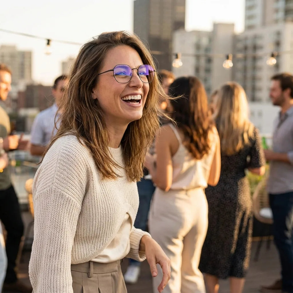 Lentes ópticos Galapagos Magnet Negro modelo en contexto social urbano profesional Bonoboss #editorial_lifestyle4 #color_morado